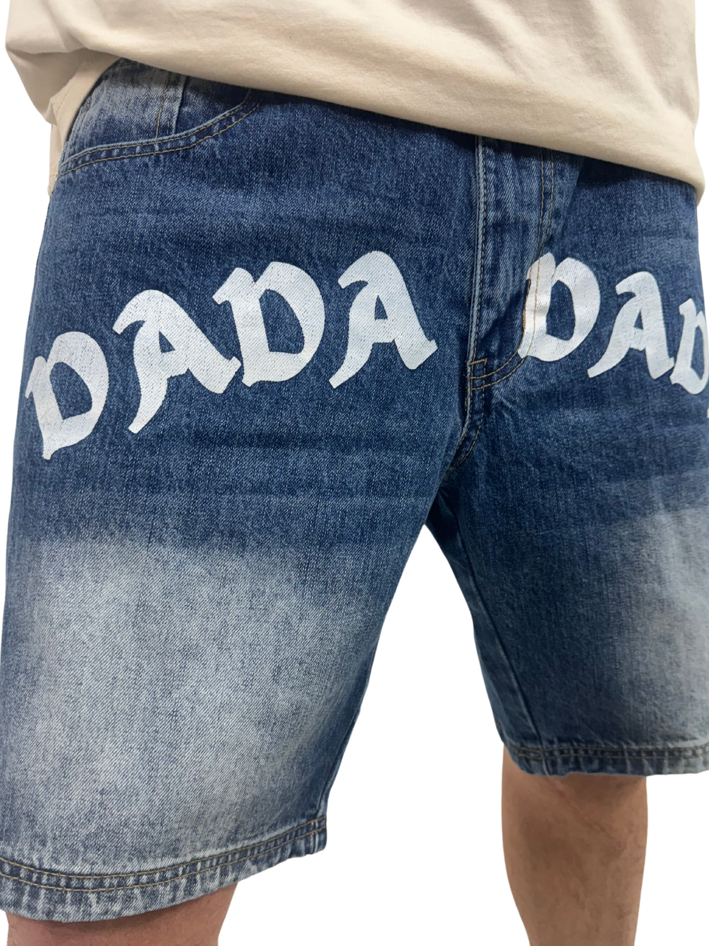 Dada Supreme Front Logo Loose Fit Jeans Shorts Destroyed Intense Blue Wash - Soulsideshop