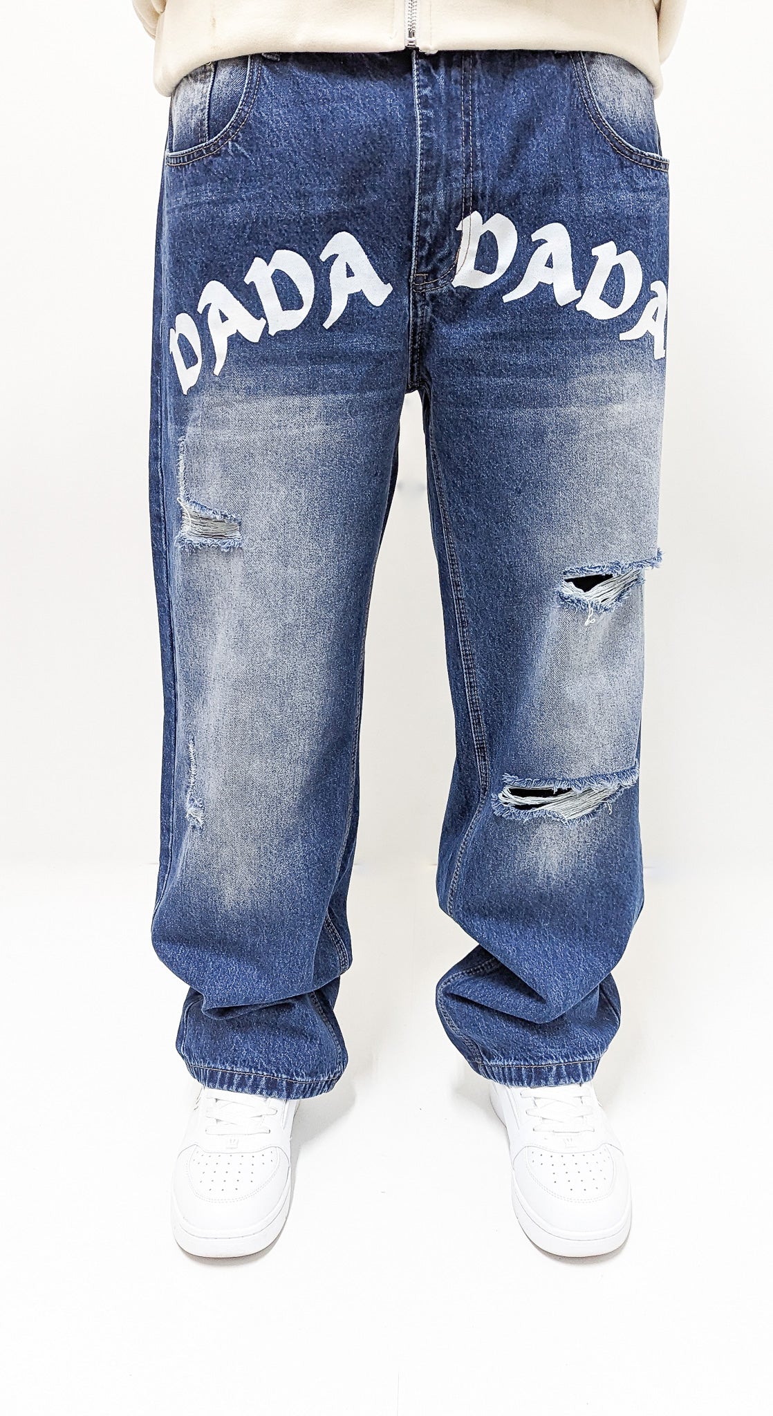 Dada Supreme Front Logo Destroyed Loose Fit Jeans Blue Washed